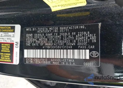 2011 Toyota Camry Le V6 z USA, uszkodzony, nr VIN 4T1BK3EK5BU131348